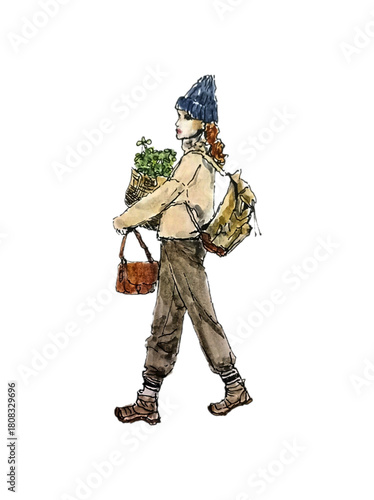 girl walking carrying potted plant and bag, hand drawing watercolor illustration