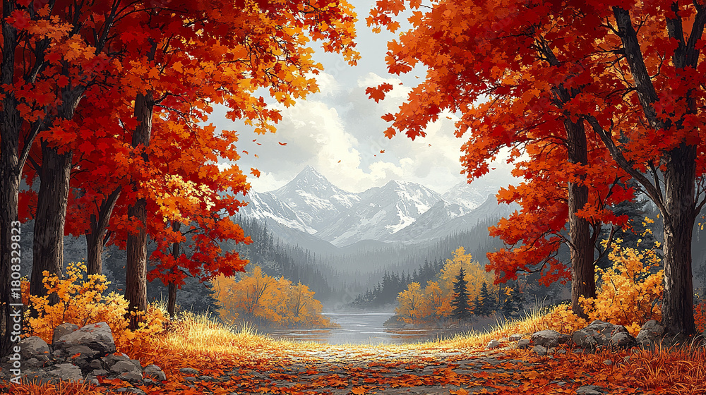 Fototapeta premium Detailed autumn scene with vibrant red and yellow foliage, mountains, and serene lake