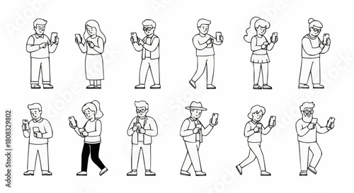 Diverse Group of People Engaged with Smartphones, Hand-Drawn Style.