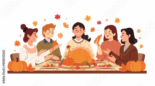 Happy Family Gathering Around Turkey on Thanksgiving Day Vector