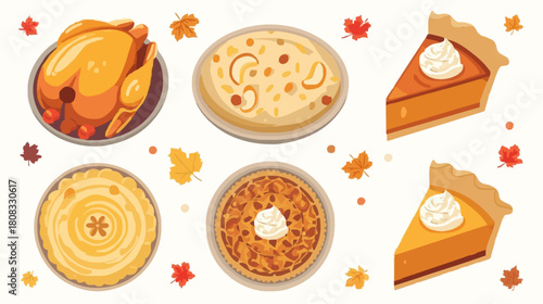 Pumpkin Pie, Mashed Potato, Stuffing, and Turkey — Thanksgiving Food Pack Vector
