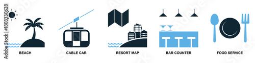 Set Resort Icon Vector Ideal for travel agencies, booking platforms, and tourism graphics requiring a collection of hospitality amenity symbols.