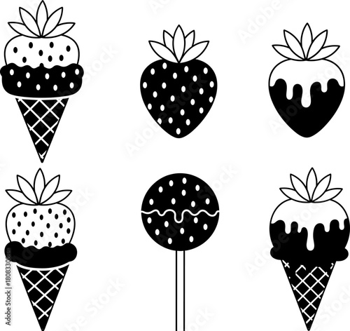 Black and white strawberry dessert vector icons featuring ice cream cones, dipped strawberries, and sweet treats in simple bold silhouette style for modern graphic design