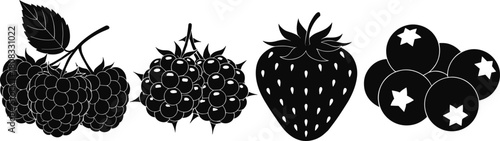 Bold berry silhouette vector illustration featuring raspberries, blackberries, strawberries, and blueberries, ideal for food design, organic branding, packaging artwork, 