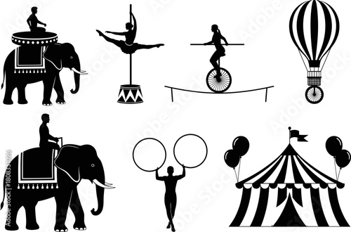 Circus performance vector illustration set featuring acrobats, elephants, tightrope cyclist, strongman rings, hot air balloon, and festive striped tent in bold silhouette style