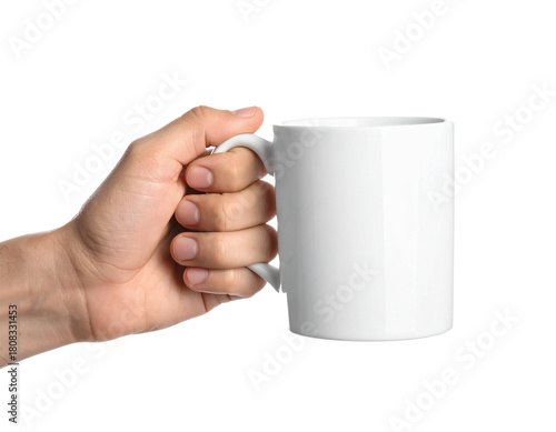White ceramic mug mockup held by hand for coffee or tea product on transparent background