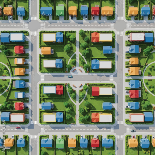 An aerial view showcases a meticulously planned residential neighborhood with colorful houses and well-maintained green spaces, creating a vibrant community.