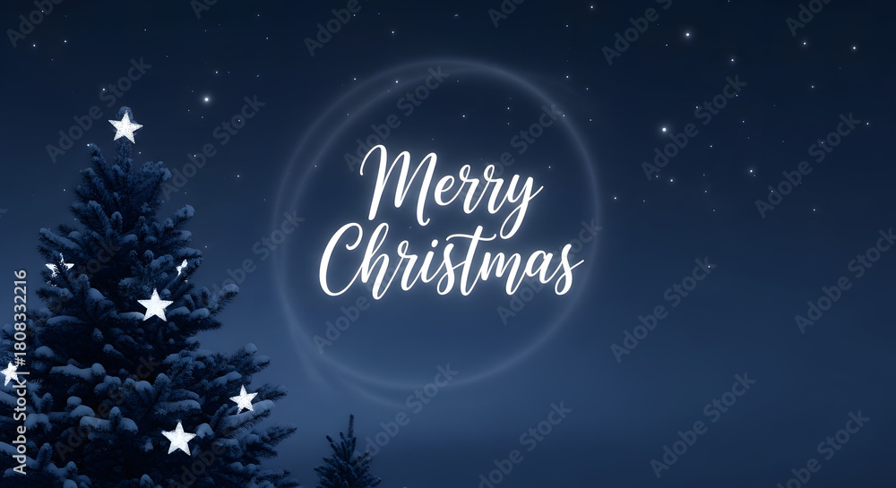 Fototapeta premium Merry Christmas glowing text with festive starry night sky and winter tree holiday background
