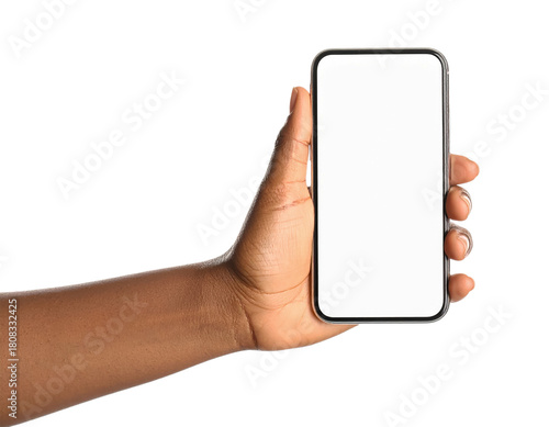 Stock photo of hand holding phone with blank screen mockup image on transparent background