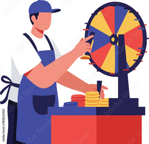 Vector Illustration of Person Operating Prize Wheel in Modern Style with Bright Colors for Entertainment and Gaming Applications