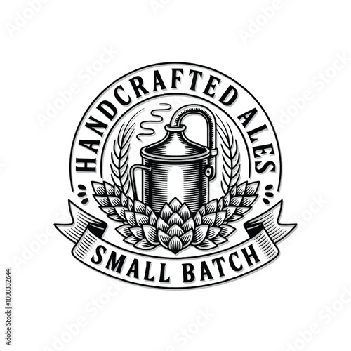Handcrafted ales logo with a vintage brewing still small batch beer emblem for brewery branding and product labels vector illustration