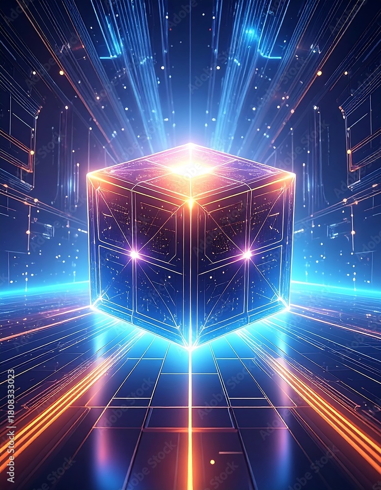Obraz premium Futuristic 3D cube emanating light with complex digital circuitry