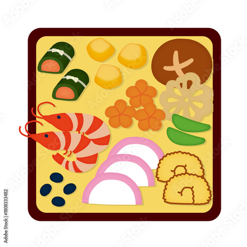 おせちのイラスト｜海老・かまぼこ・伊達巻・煮物・海老・栗きんとん・昆布巻き・黒豆 / 教育向け素材