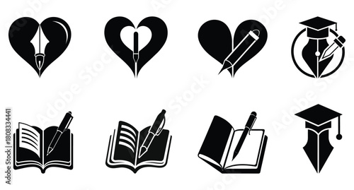 Black Education Pen and Heart Icon Set Book, Pencil, Graduation Cap, Learning Symbols