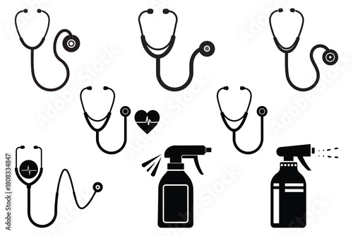 Stethoscope and Sanitizer Icon Set Medical Healthcare Tools Silhouette Collection