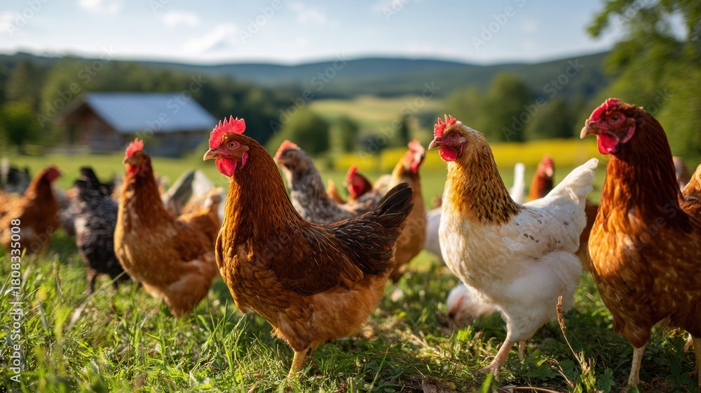 Fototapeta premium Chickens of various colors roam freely across a vibrant green field on a sunny day. In the distance, a rustic barn and rolling hills create a peaceful farm scene.