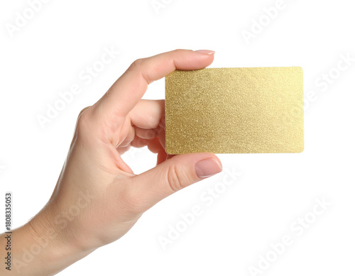 Gold business card mockup hand holding blank golden card design on transparent background