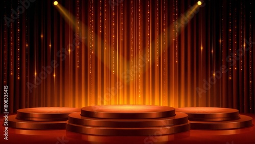 Empty stage with three illuminated podiums and a dramatic golden light curtain background