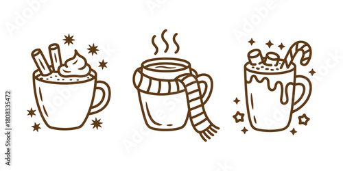 Set of cozy winter drink icons including hot chocolate coffee and cocoa vector line art for seasonal designs