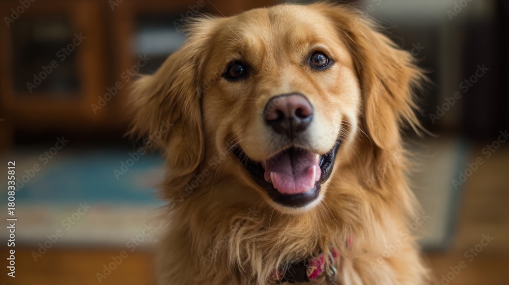 Obraz premium A golden retriever smiles happily while sitting in a cozy indoor setting. Its shiny fur and bright eyes radiate joy, creating a warm and inviting atmosphere.