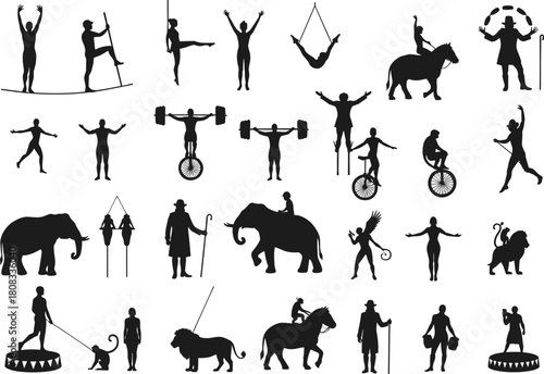 Circus performers, acrobats, jugglers, and trained animals in dynamic silhouette vector set, featuring balance acts, stunts, unicycles, and artistic performance elements for creative design projects