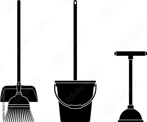 Cleaning tool silhouette set featuring broom with dustpan, mop with bucket, and plunger, essential household sanitation equipment in detailed vector illustration for home maintenance