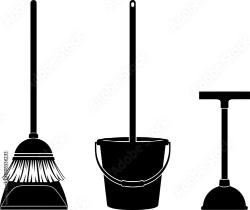 Cleaning tool silhouette set featuring broom, mop with bucket, and plunger, essential household sanitation equipment in detailed vector illustration for home maintenance tasks