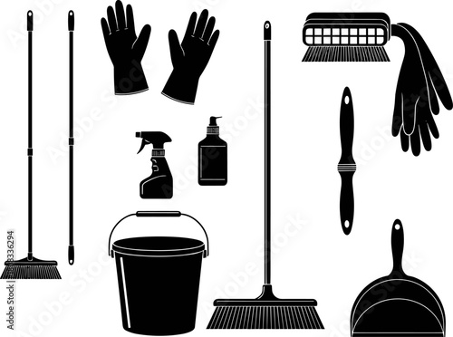 Cleaning tools vector illustration featuring brooms, bucket, gloves, spray bottles, dustpan and brushes, perfect for housekeeping, sanitation, hygiene services, janitorial work, 
