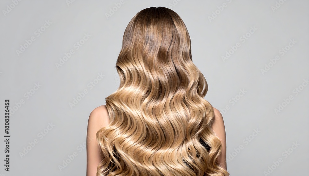 Fototapeta premium Back view shows long, flowing, wavy, blonde ombre hair against a light gray backdrop