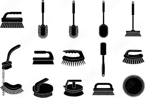 Collection of assorted cleaning brushes vector illustration featuring various bristle designs, household scrub tools, hygiene equipment, sanitation accessories, 