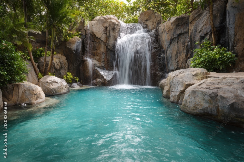 Naklejka premium Waterfall cascading into a turquoise pool in a tropical environment