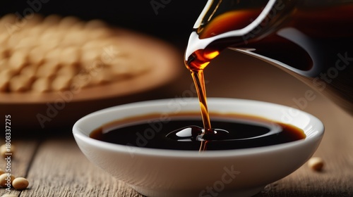 a close-up of rich, syrupy soy sauce pouring from a tilted bottle into a delicate white bowl, dramatic lighting emphasizing the glossy surface, soybeans subtly placed in the background