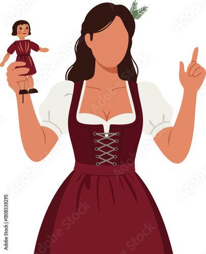 Vector Illustration of Woman in Traditional Dress Holding Doll in Modern Folk Style with Rich Red White Colors