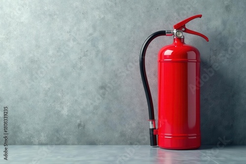 Bright red fire extinguisher against a textured gray wall , equipment, concrete
