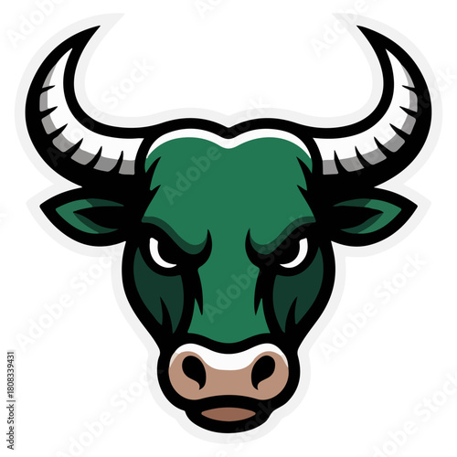 A formidable bull head with a determined gaze and sharp horns