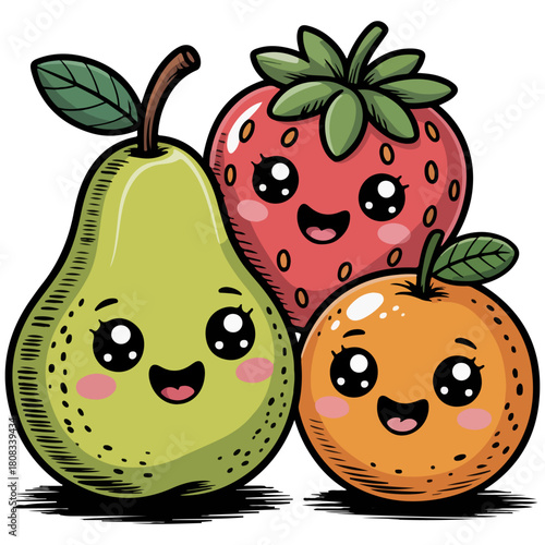 Three friendly cartoon fruits smiling happily: A pear, a strawberry, and an orange, all with cute and cheerful expressions. The illustrations are vibrant and playful