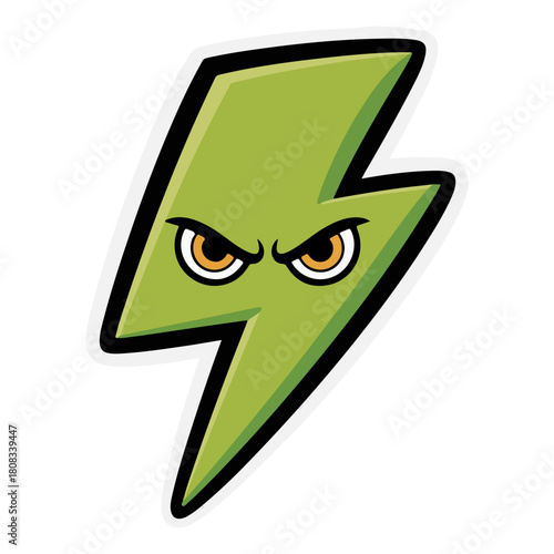 An illustrated of green thunderbolt with eyes expressing anger. It is a symbol for power and intensity