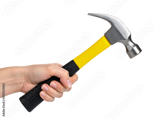 Hand holding hammer tool construction equipment repair diy project on transparent background