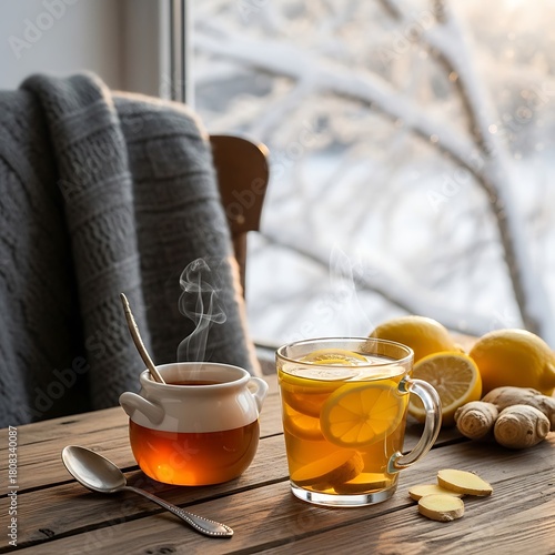 A cozy winter scene with tea, lemon, ginger, and honey on a wooden table near a window