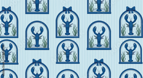 A charming seamless pattern featuring blue lobsters within arched frames adorned with bows and seaweed, set against a striped light blue background.