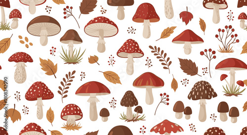 Seamless pattern featuring a variety of autumn mushrooms, leaves, and berries on a white background, perfect for fall designs.