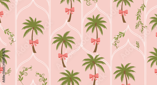 Seamless tropical pattern with palm trees, pink bows, and green foliage on a soft pink background featuring elegant white arch motifs.