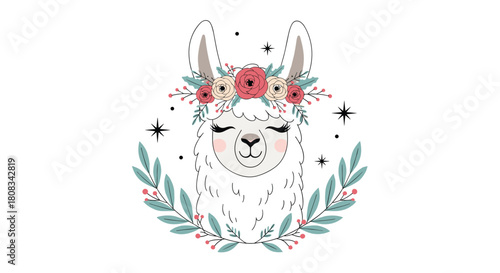 Whimsical cartoon llama face illustration, crowned with a vibrant floral wreath of red and beige blossoms, encircled by delicate foliage and stars.