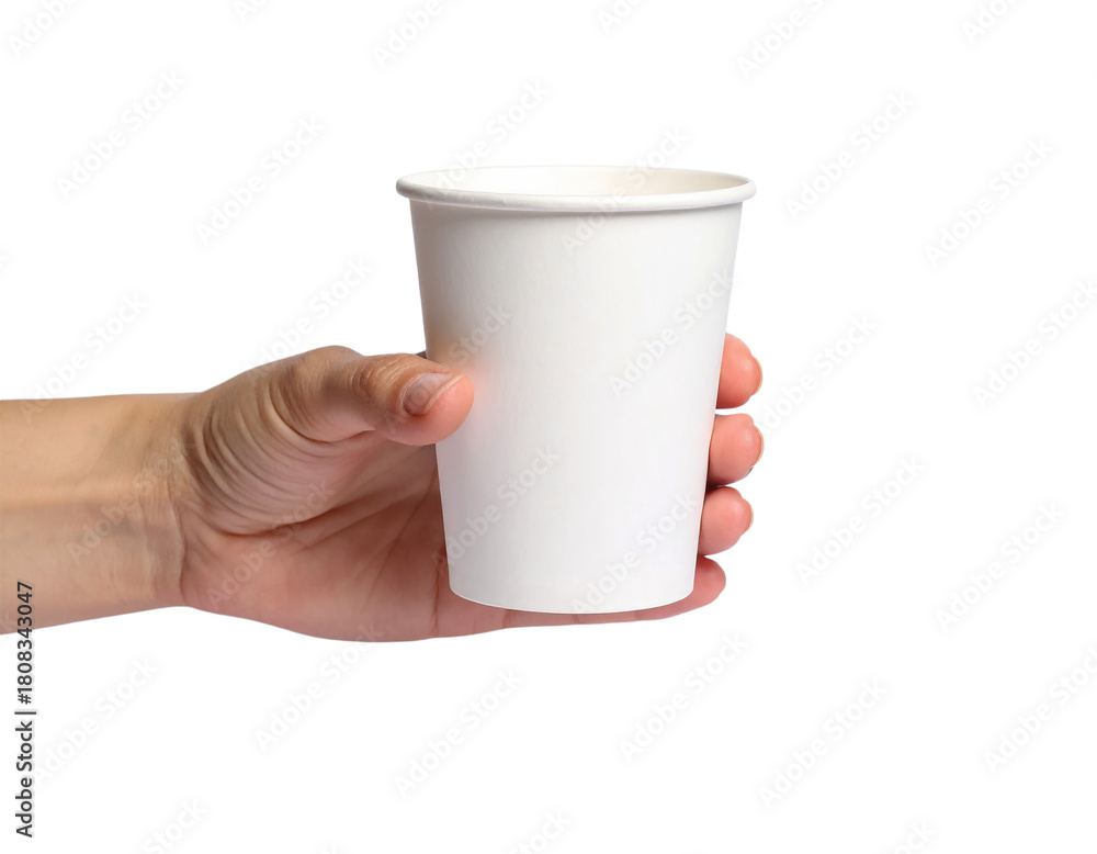 Obraz premium Hand holding white paper cup mockup disposable coffee cup drink on transparent background
