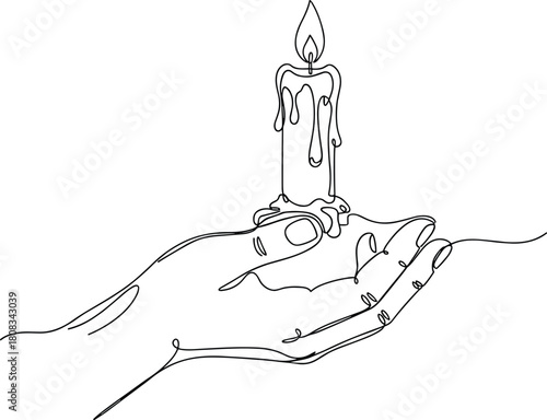 Continuous One Line Drawing of Human Hand Holding Burning Candle, Symbol of Memory, Hope, Peace, Spirituality, Prayer, Minimalist Outline Sketch Vector Art