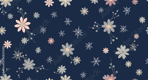 Charming winter floral seamless pattern with pastel flowers and white snowflakes elegantly scattered across a deep navy background.