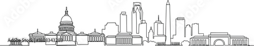 Continuous One Line Drawing of Washington D.C. Skyline, U.S. Capitol Building, Monument, Downtown Cityscape, Travel, Government, Architecture, Minimalist Vector Sketch