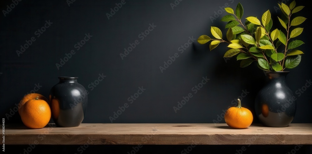 Naklejka premium Rustic wooden shelf, white spotlight, dark background Product display , business, commercial, isolated