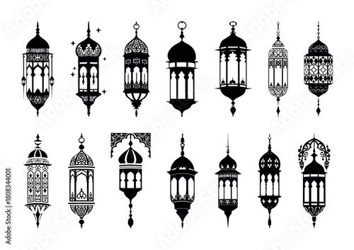 Islamic Eid lanterns silhouette. Arab Islamic famous lantern or lamp silhouettes. Ancient kerosene hanging light, Turkish antique gas lamp, Arabic vintage lantern silhouettes isolated modern designs