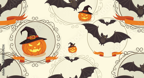 Halloween themed seamless pattern with glowing jack-o'-lanterns wearing witch hats and spooky bats flying around ornate vintage style frames.